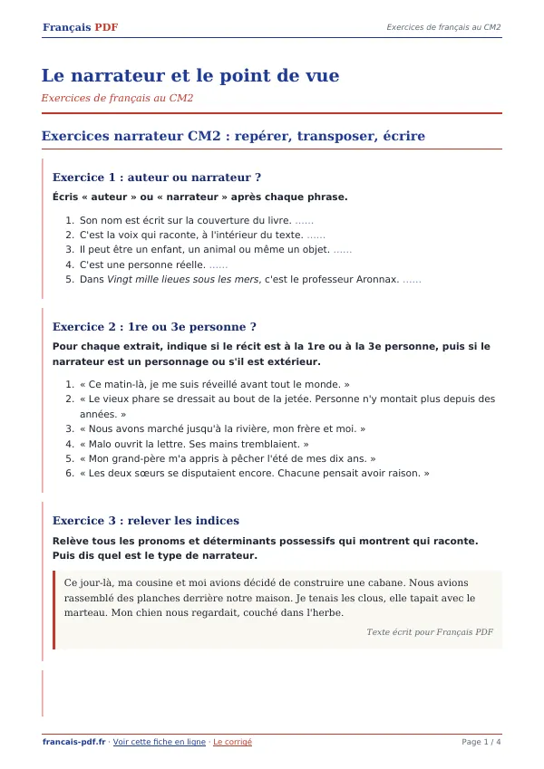 Exercices « Le narrateur et le point de vue » en PDF