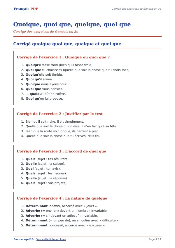 Corrigé « Quoique, quoi que, quelque, quel que » en PDF