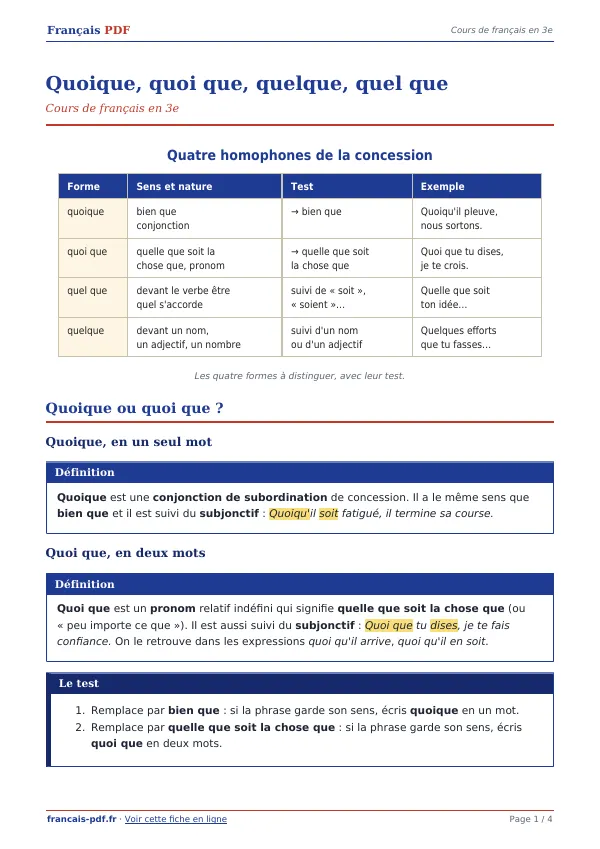 Cours « Quoique, quoi que, quelque, quel que » en PDF