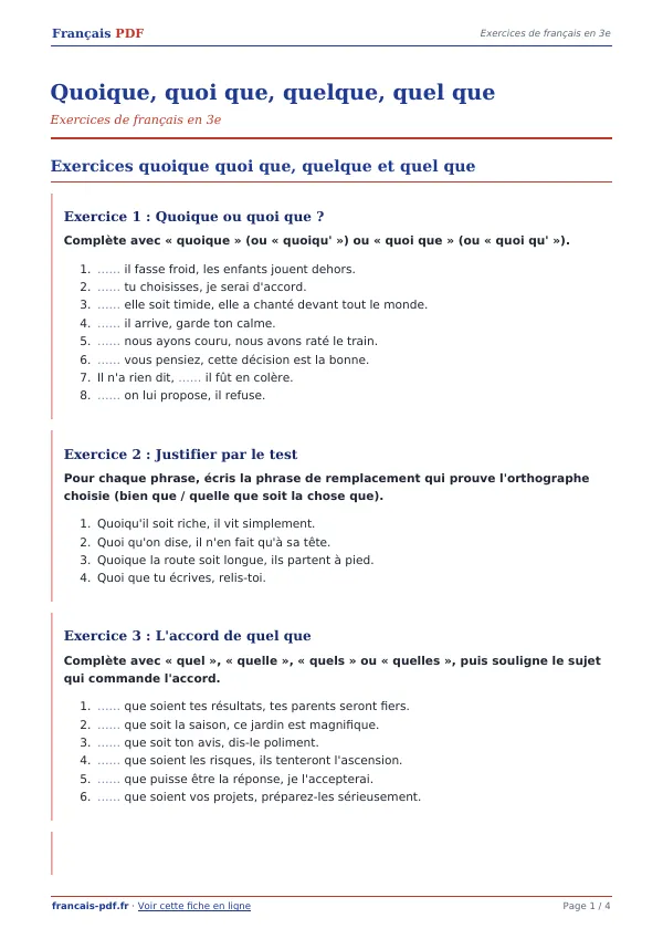 Exercices « Quoique, quoi que, quelque, quel que » en PDF