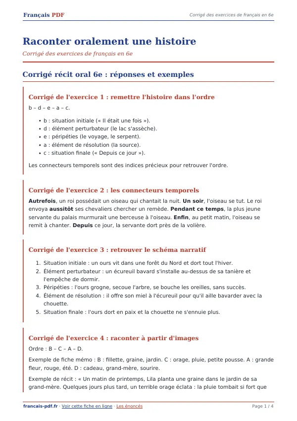 Corrigé « Raconter oralement une histoire » en PDF