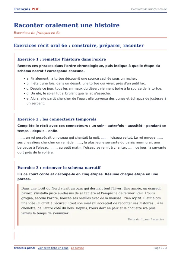 Exercices « Raconter oralement une histoire » en PDF