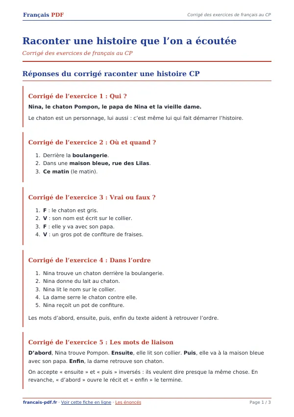 Corrigé « Raconter une histoire que l’on a écoutée » en PDF