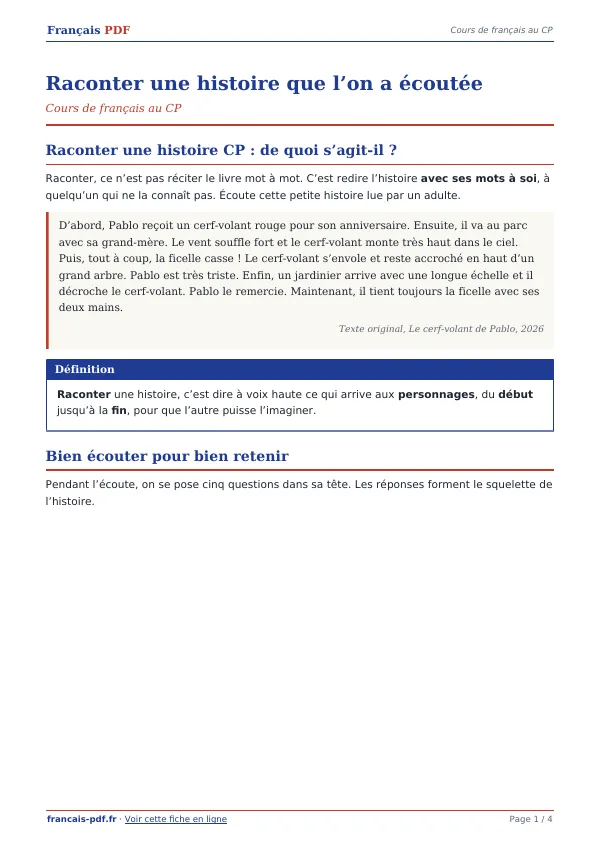 Cours « Raconter une histoire que l’on a écoutée » en PDF