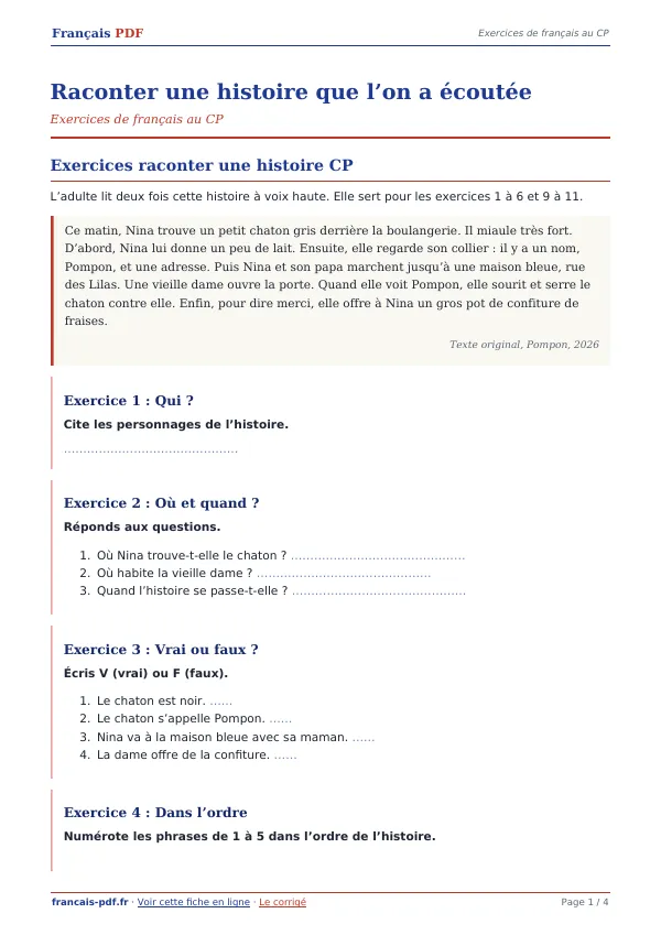 Exercices « Raconter une histoire que l’on a écoutée » en PDF