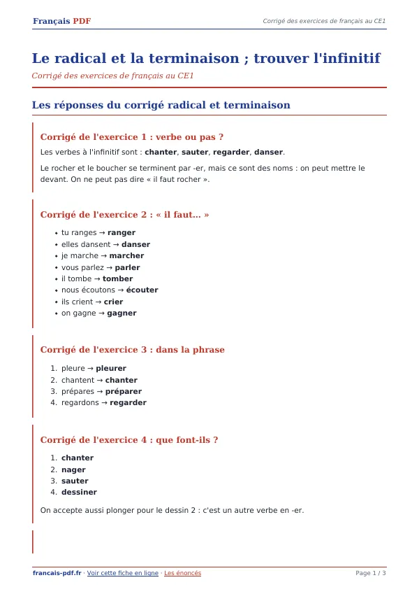 Corrigé « Le radical et la terminaison ; trouver l’infinitif » en PDF