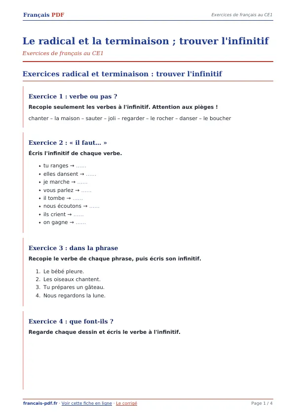 Exercices « Le radical et la terminaison ; trouver l’infinitif » en PDF