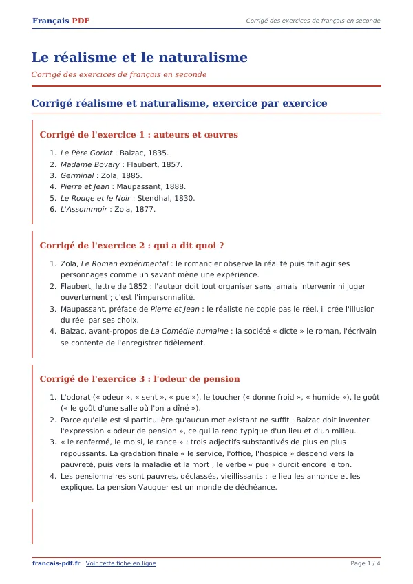 Corrigé « Le réalisme et le naturalisme » en PDF
