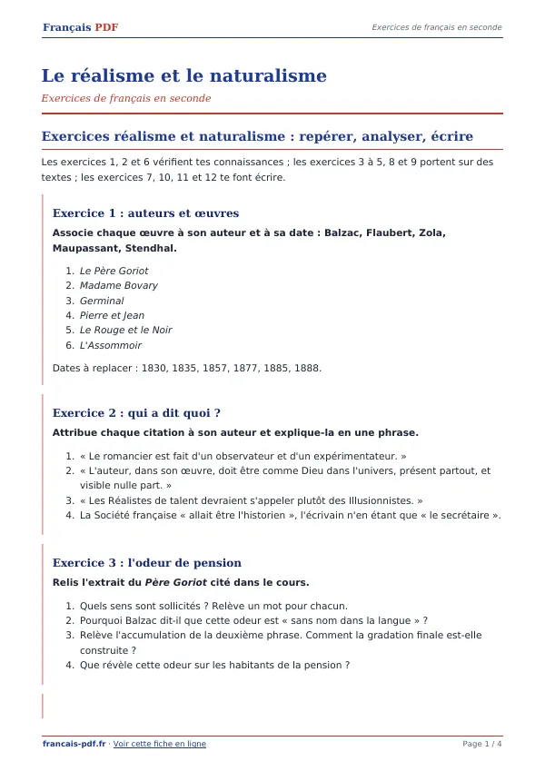 Exercices « Le réalisme et le naturalisme » en PDF