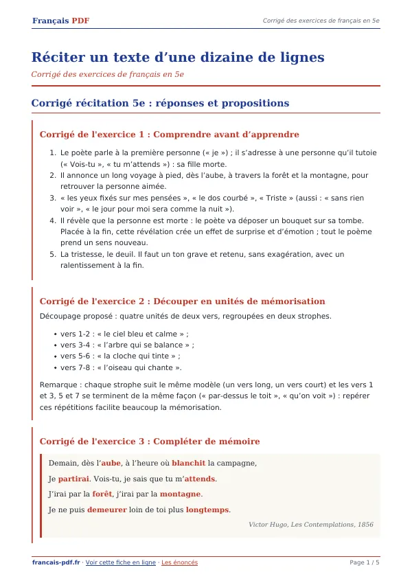 Corrigé « Réciter un texte d’une dizaine de lignes » en PDF