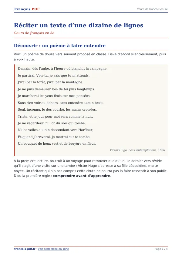 Cours « Réciter un texte d’une dizaine de lignes » en PDF