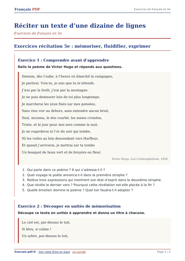 Exercices « Réciter un texte d’une dizaine de lignes » en PDF