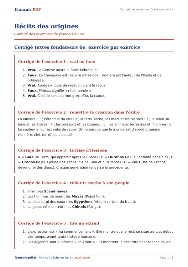 Corrigé « Récits des origines » en PDF