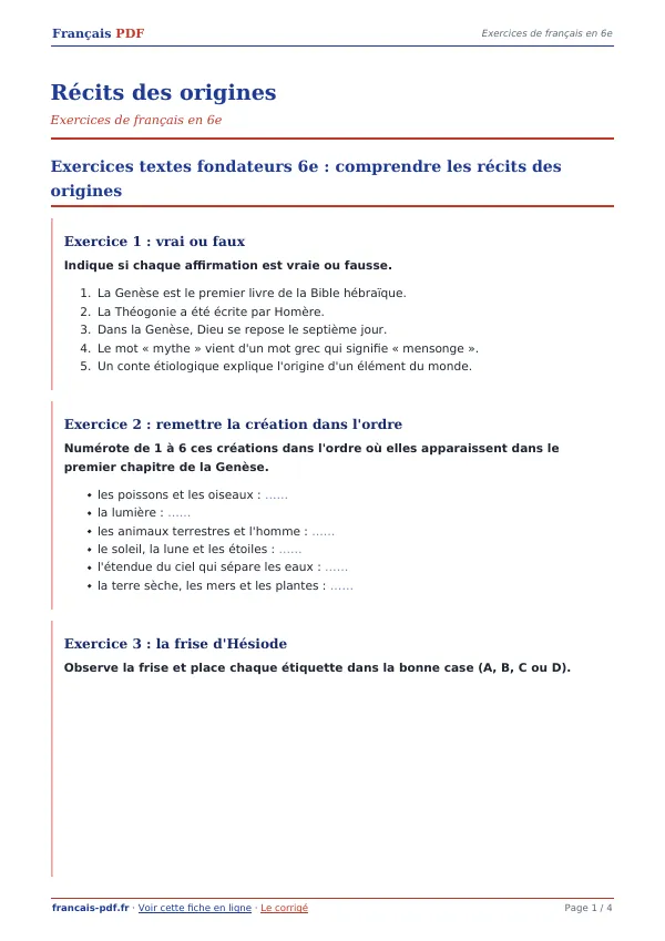 Exercices « Récits des origines » en PDF