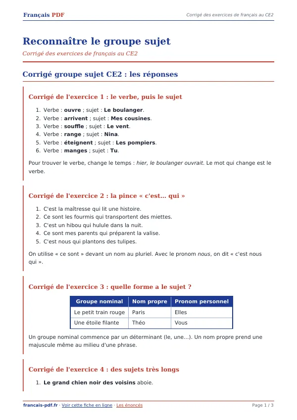 Corrigé « Reconnaître le groupe sujet » en PDF