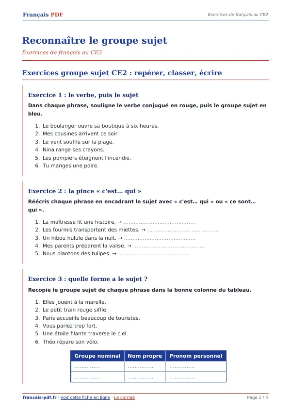 Exercices « Reconnaître le groupe sujet » en PDF