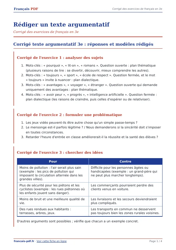 Corrigé « Rédiger un texte argumentatif » en PDF