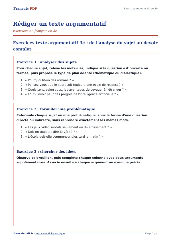 Exercices « Rédiger un texte argumentatif » en PDF