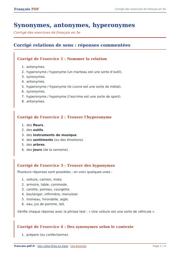 Corrigé « Synonymes, antonymes, hyperonymes » en PDF