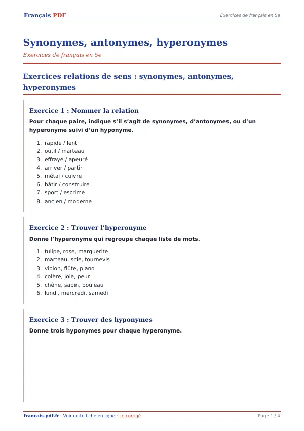 Exercices « Synonymes, antonymes, hyperonymes » en PDF