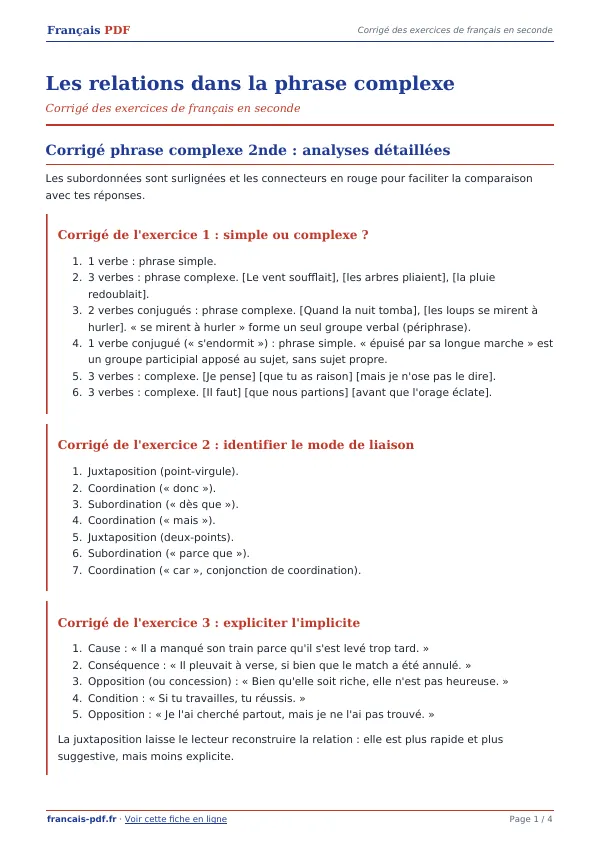 Corrigé « Les relations dans la phrase complexe » en PDF