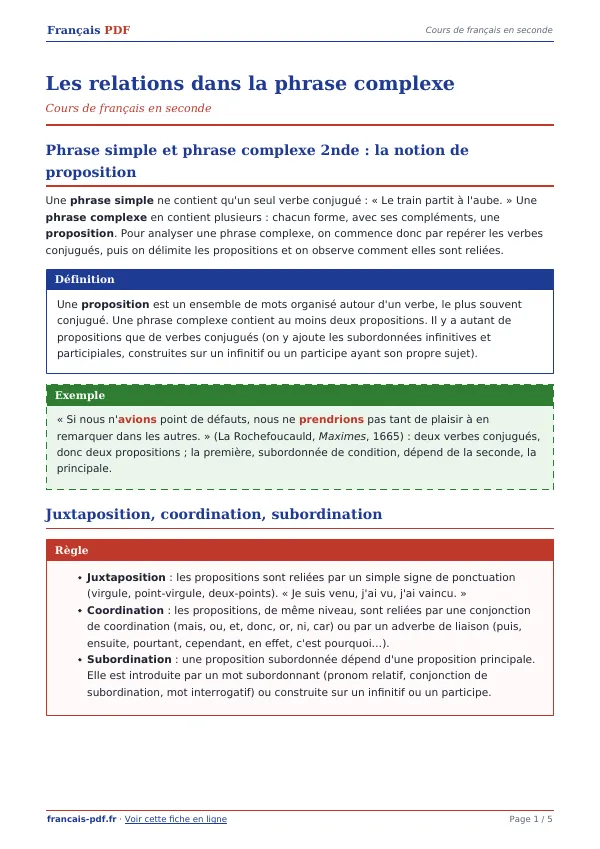 Cours « Les relations dans la phrase complexe » en PDF