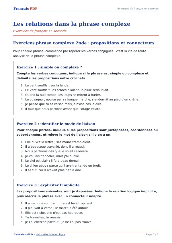 Exercices « Les relations dans la phrase complexe » en PDF