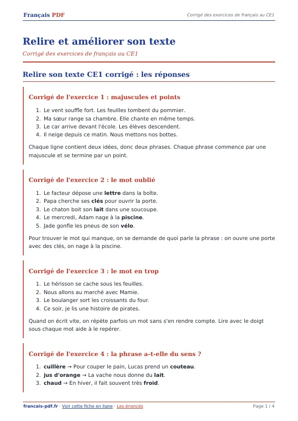 Corrigé « Relire et améliorer son texte » en PDF