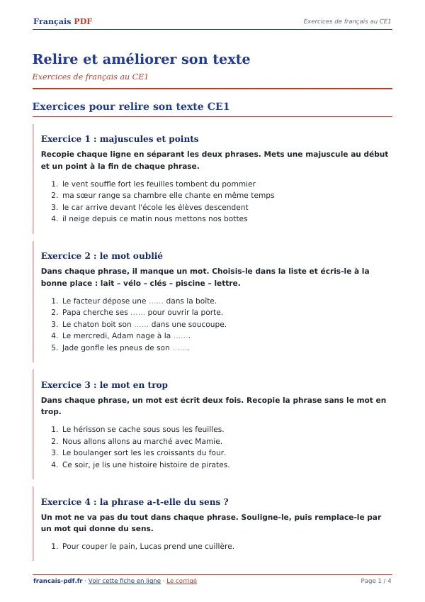 Exercices « Relire et améliorer son texte » en PDF