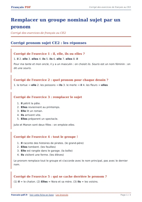 Corrigé « Remplacer un groupe nominal sujet par un pronom » en PDF