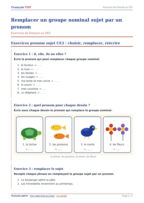 Exercices « Remplacer un groupe nominal sujet par un pronom » en PDF