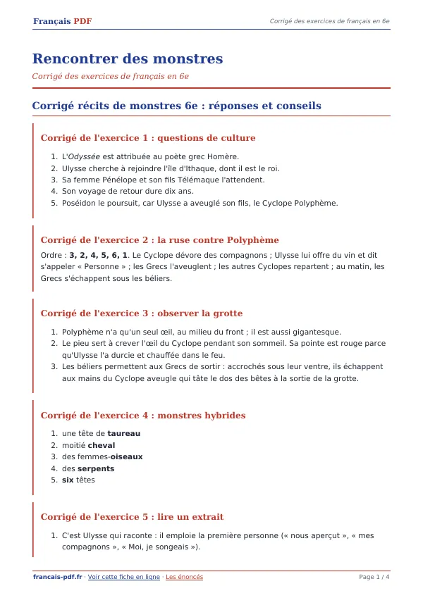 Corrigé « Rencontrer des monstres » en PDF