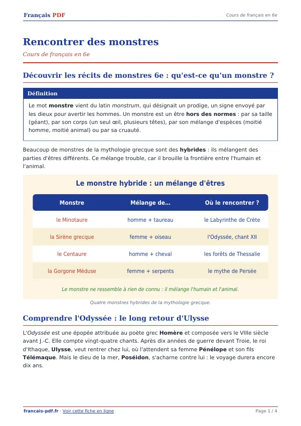 Cours « Rencontrer des monstres » en PDF
