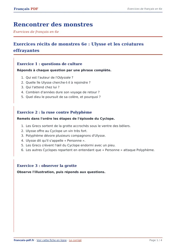 Exercices « Rencontrer des monstres » en PDF