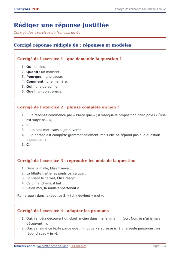 Corrigé « Rédiger une réponse justifiée » en PDF