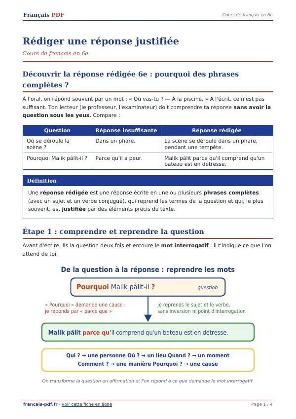 Cours « Rédiger une réponse justifiée » en PDF