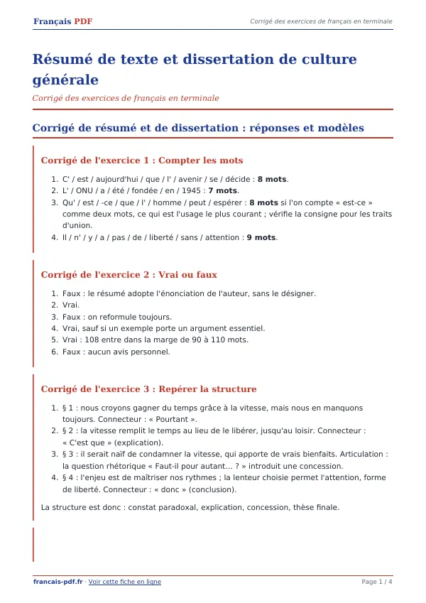 Corrigé « Résumé de texte et dissertation de culture générale » en PDF