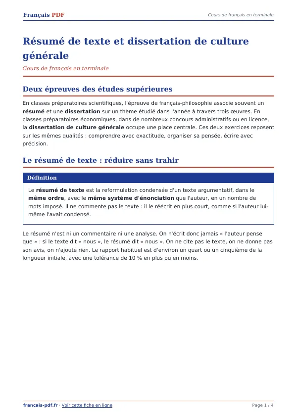 Cours « Résumé de texte et dissertation de culture générale » en PDF