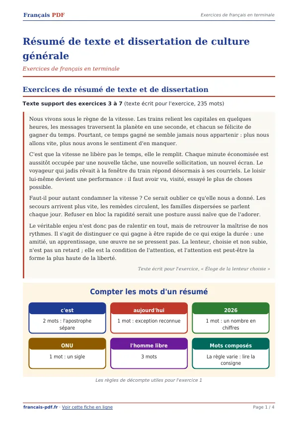 Exercices « Résumé de texte et dissertation de culture générale » en PDF