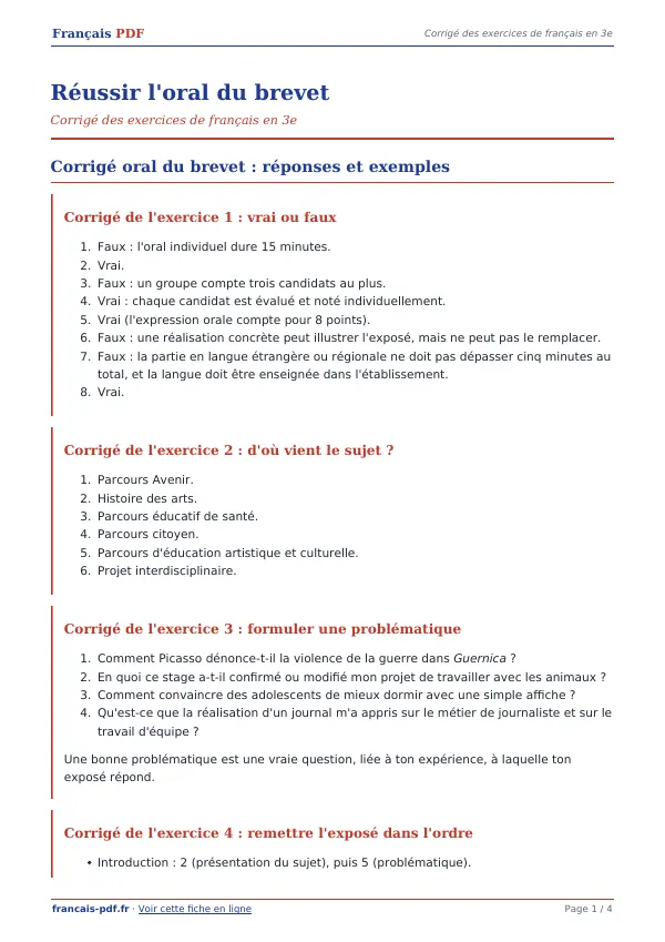 Corrigé « Réussir l’oral du brevet » en PDF