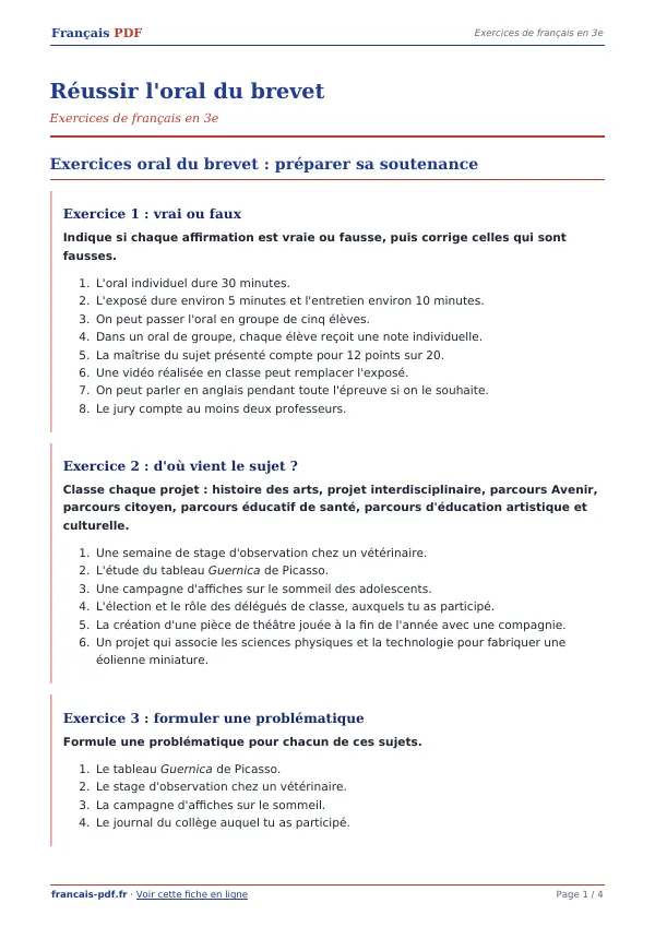 Exercices « Réussir l’oral du brevet » en PDF