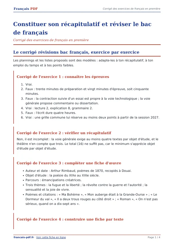 Corrigé « Constituer son récapitulatif et réviser le bac de français » en PDF