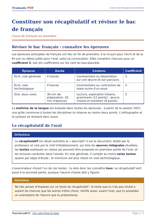 Cours « Constituer son récapitulatif et réviser le bac de français » en PDF