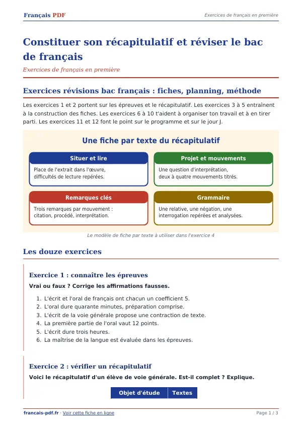 Exercices « Constituer son récapitulatif et réviser le bac de français » en PDF