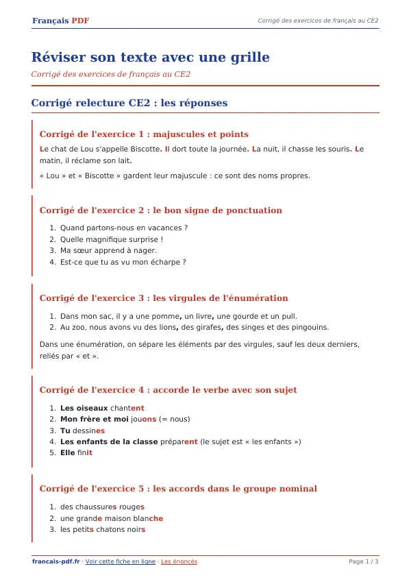 Corrigé « Réviser son texte avec une grille » en PDF