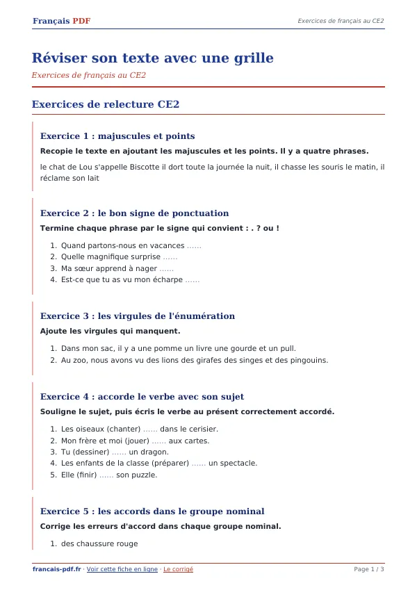 Exercices « Réviser son texte avec une grille » en PDF