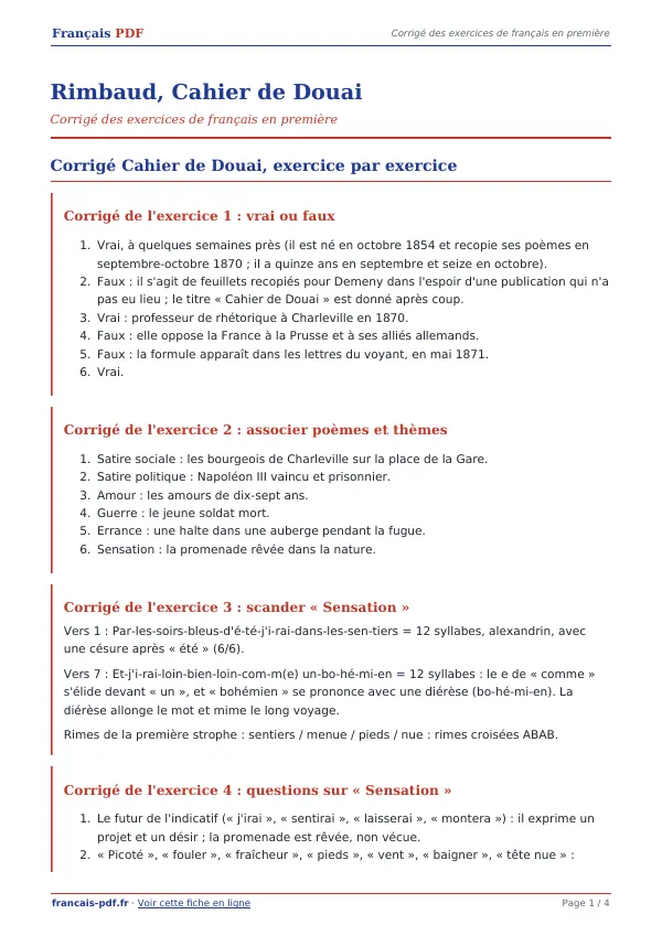 Corrigé « Rimbaud, Cahier de Douai » en PDF