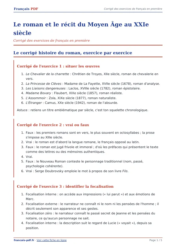 Corrigé « Le roman et le récit du Moyen Âge au XXIe siècle » en PDF