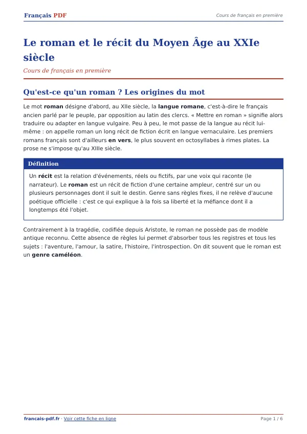 Cours « Le roman et le récit du Moyen Âge au XXIe siècle » en PDF