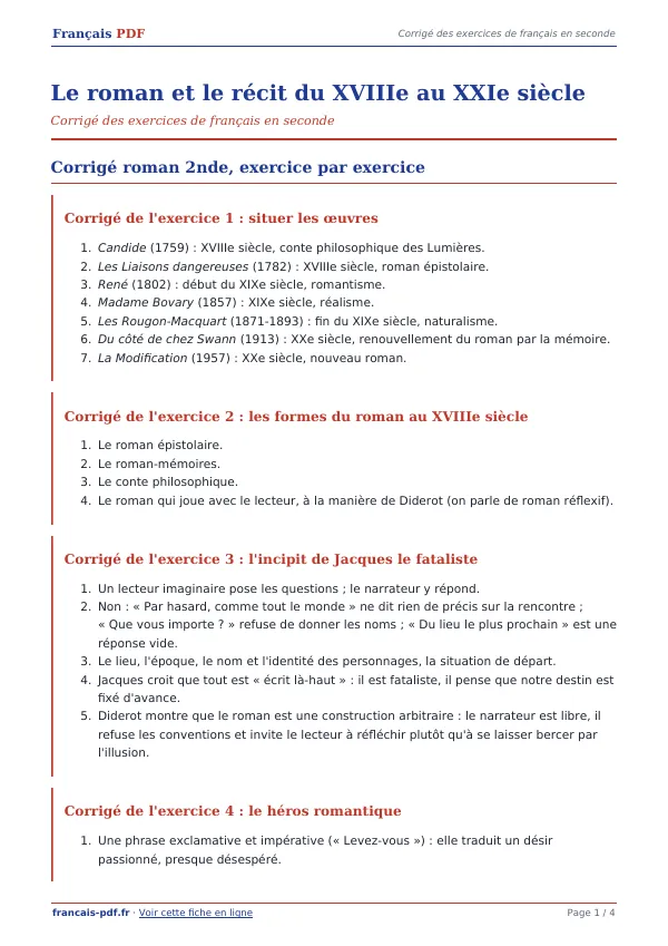 Corrigé « Le roman et le récit du XVIIIe au XXIe siècle » en PDF